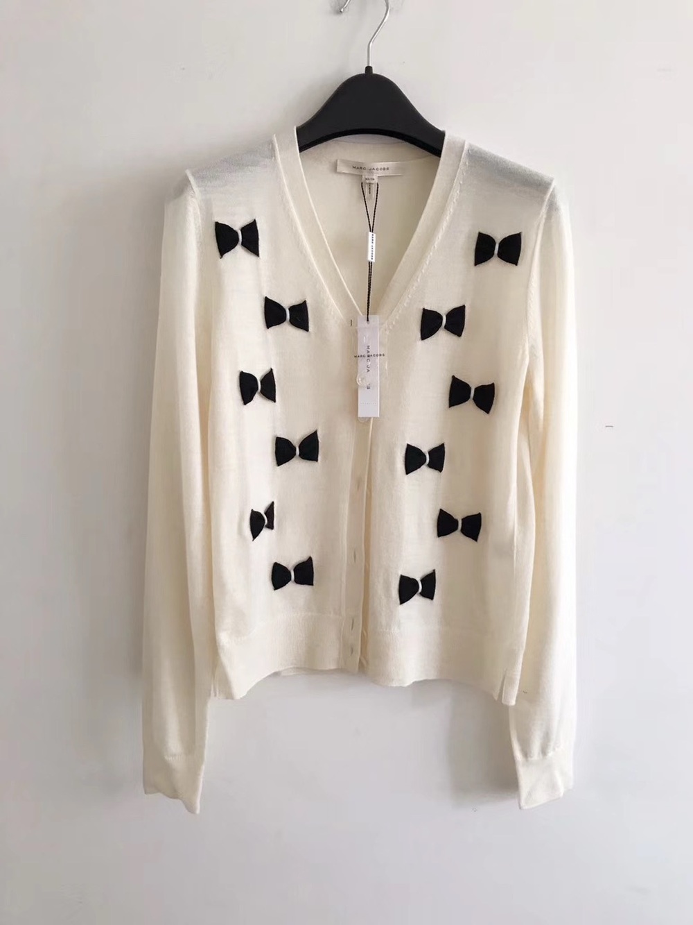 NWT Marc Jacobs Cream Wool V-Neck Cardigan Black Bows XS